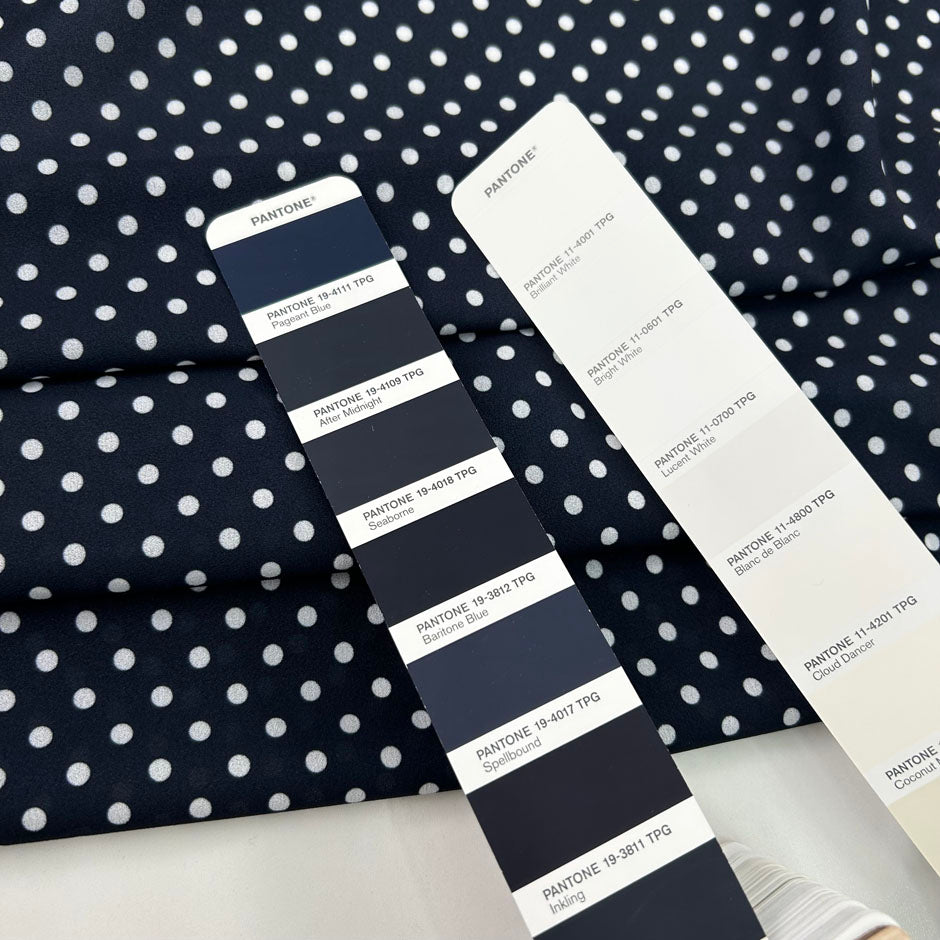 Dark Blue Polyester Crepe With Polka Dots