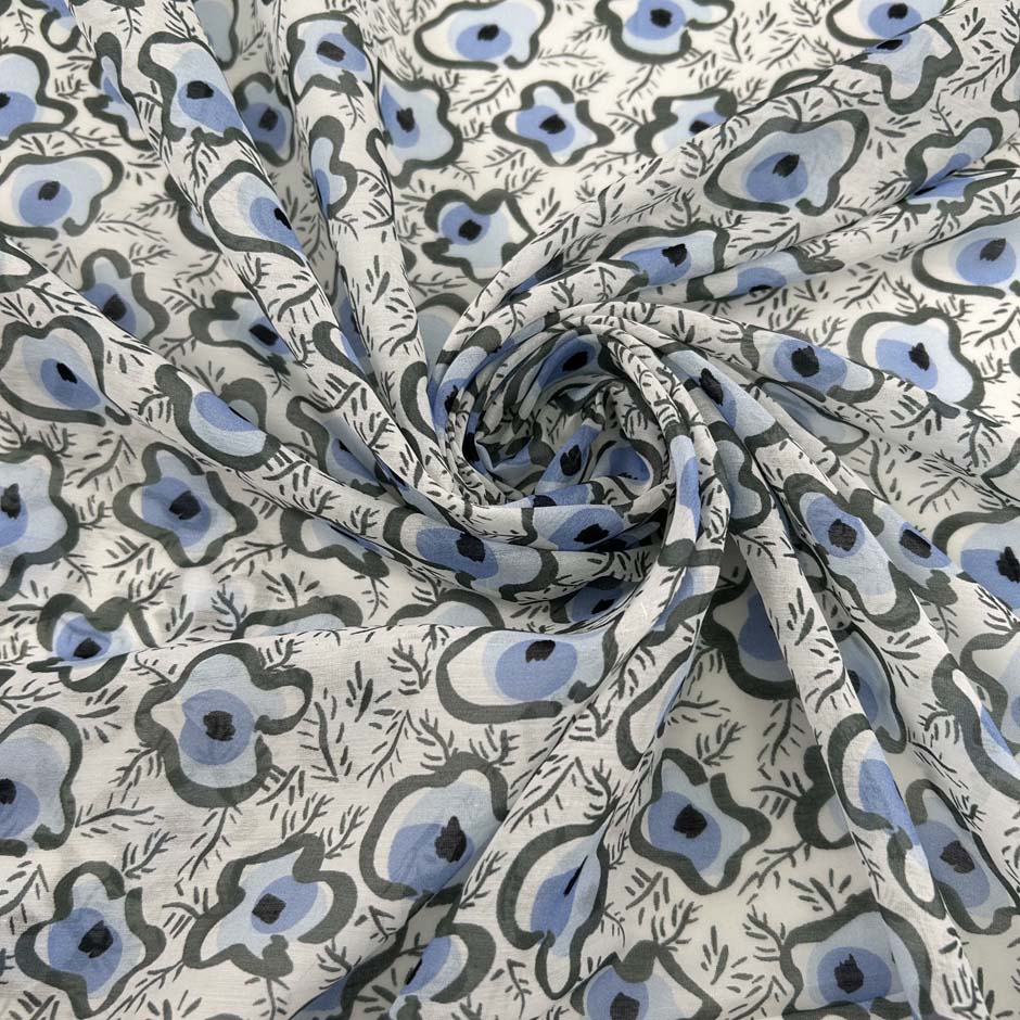 White And Blue Cotton And Silk Blend Voile With A Floral Print