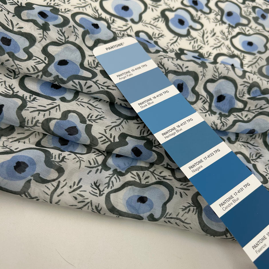 White And Blue Cotton And Silk Blend Voile With A Floral Print