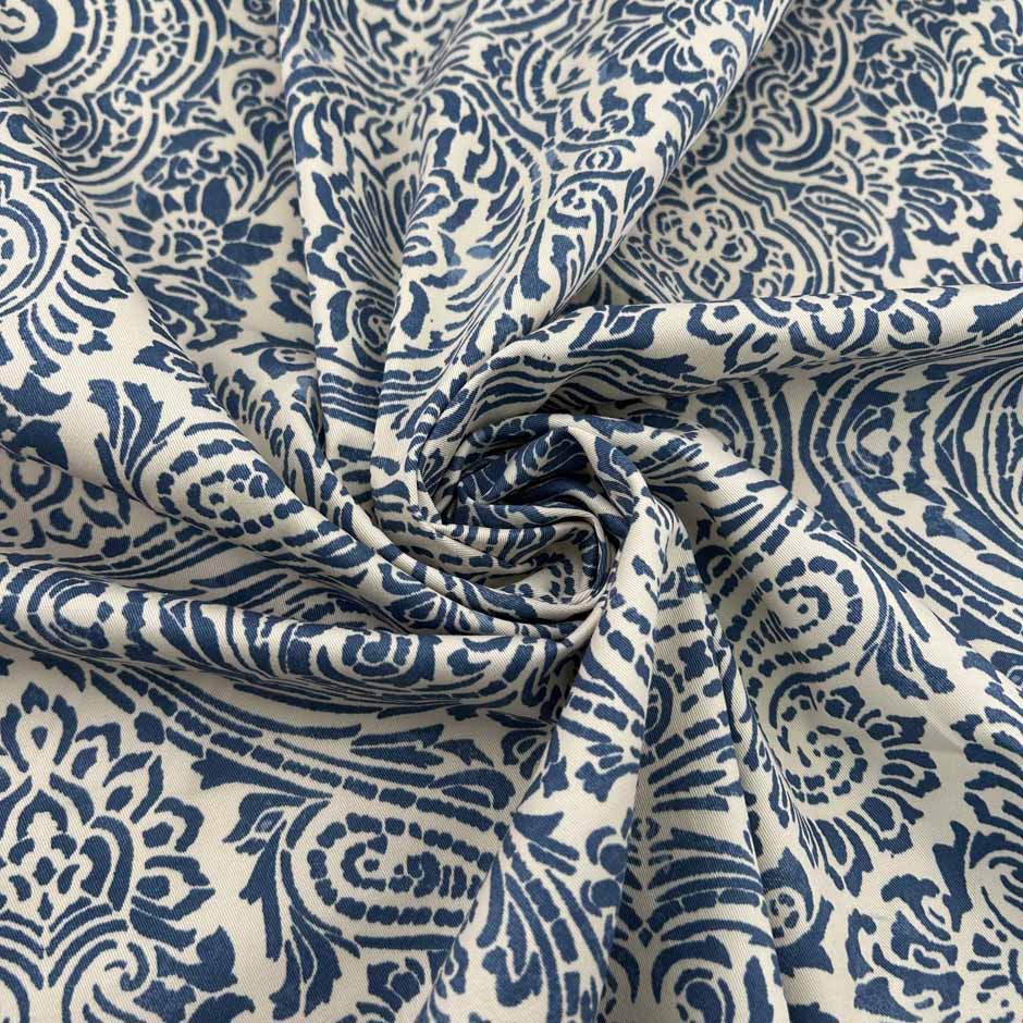 Blue Abstract Print Cotton Gabardine