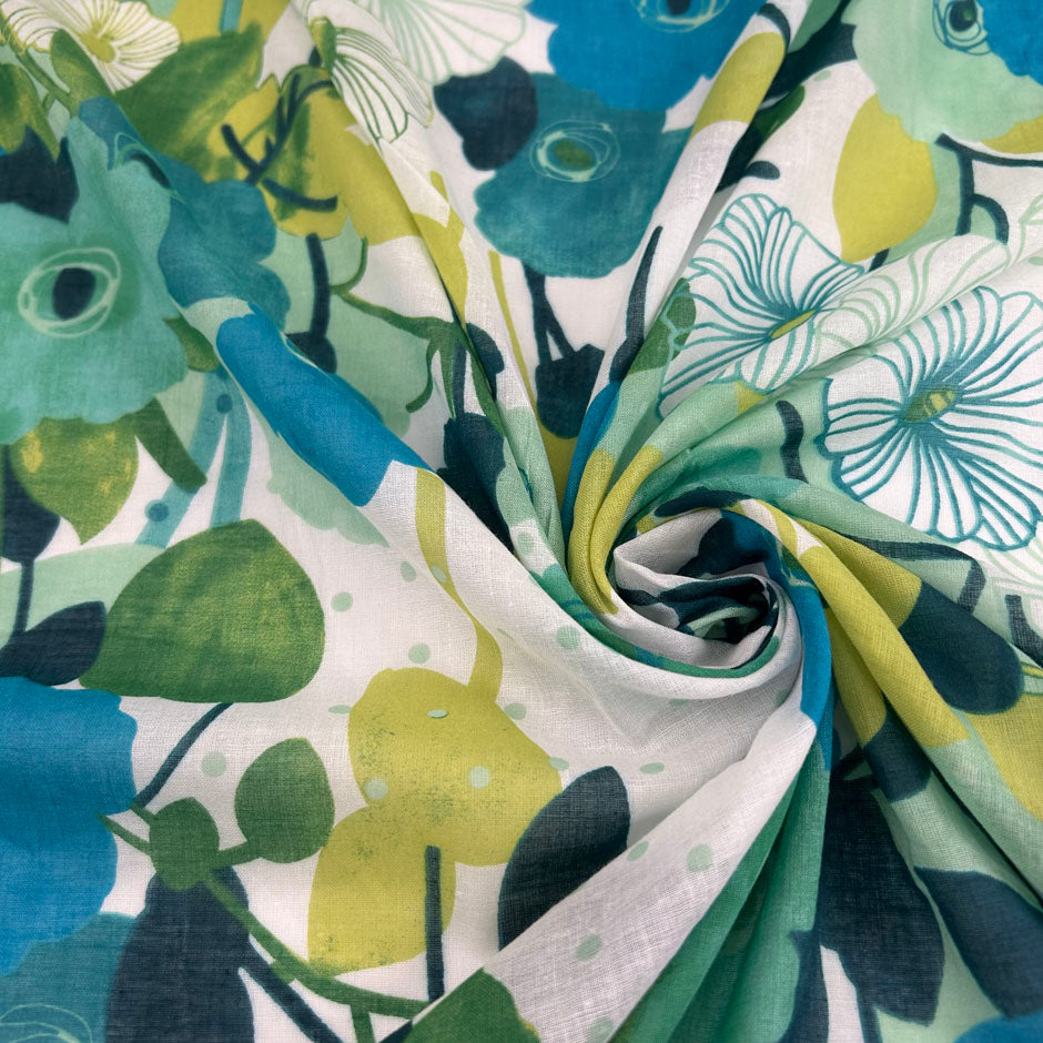 Floral Print White Based Cotton Voile