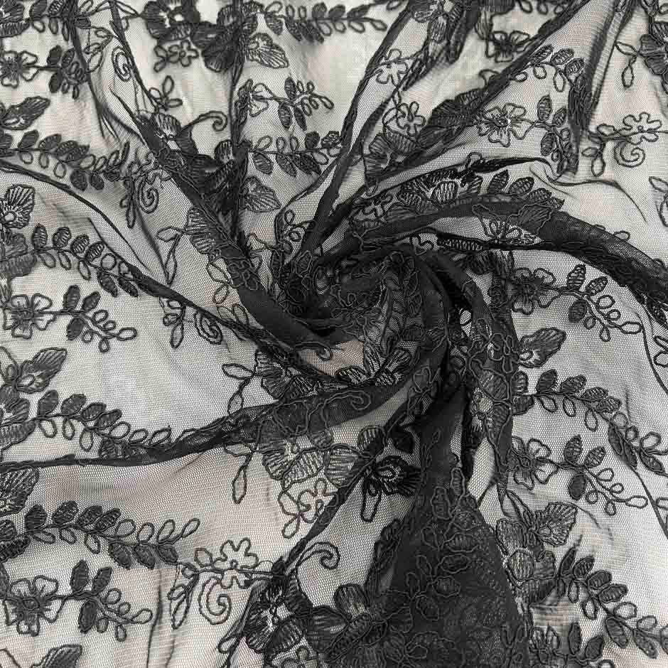 Black Polyester Embroidered Tulle