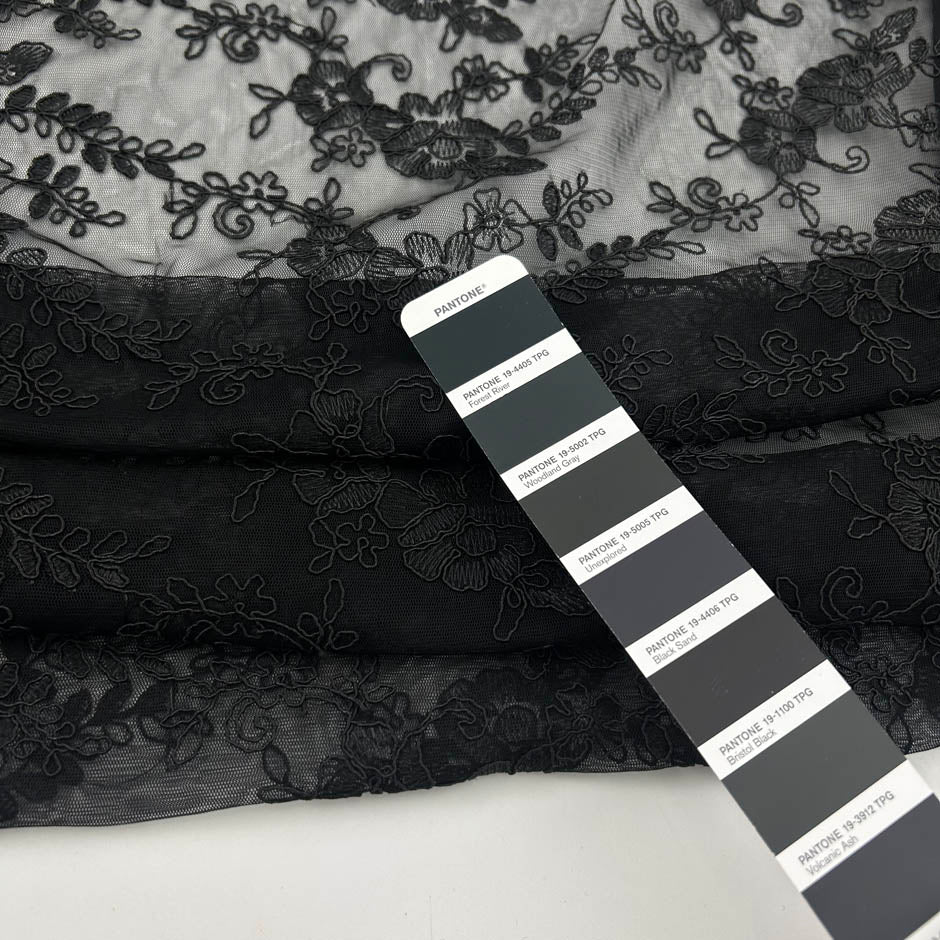 Black Polyester Embroidered Tulle