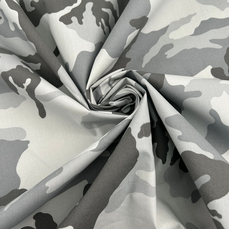 Camouflage Printed Gray Stretch Cotton Popeline