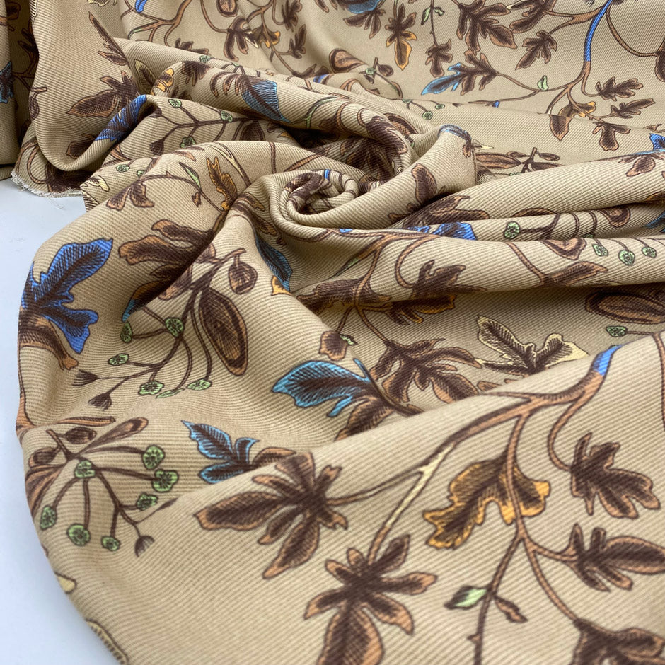 Printed camel color wool gabardine. High-quality deadstock fabric collected in Stock from a Maison de Couture in Italy.