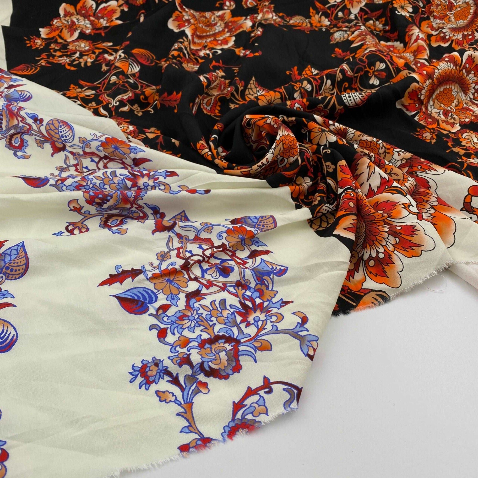 Soft and transparent viscose fabric with floral and multicolor pattern. High quality deadstock fabric picked up in Stock from a Maison de Couture in Italy.