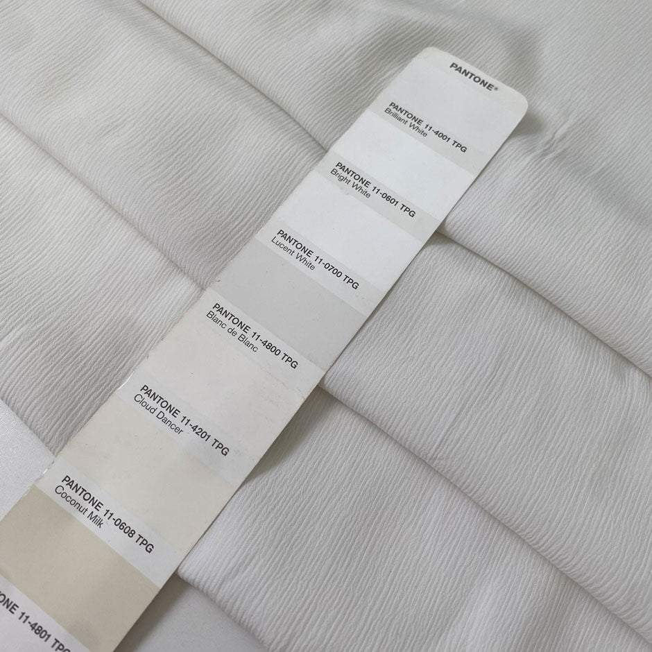 Very soft and light silk and acetate fabric with a crushed effect in white. Slightly transparent and flowy, perfect for blouses, shirting, dresses, and skirts. High-quality deadstock collected in Stock from a Maison de Couture in Italy.