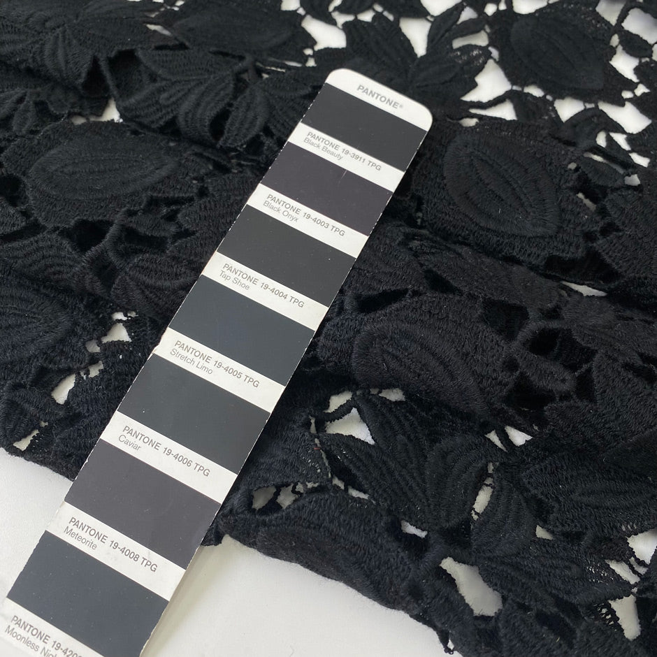 Black lace in wool and polyester with double scallop detail. Soft and elegant, ideal for dresses, skirts, and blouses. High-quality deadstock collected in Stock from a Maison de Couture in Italy.
