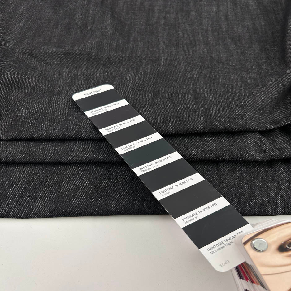 Black medium-weight cotton denim and non-stretch. Perfect for jackets. High-quality deadstock collected in Stock from a Maison de Couture in Italy.