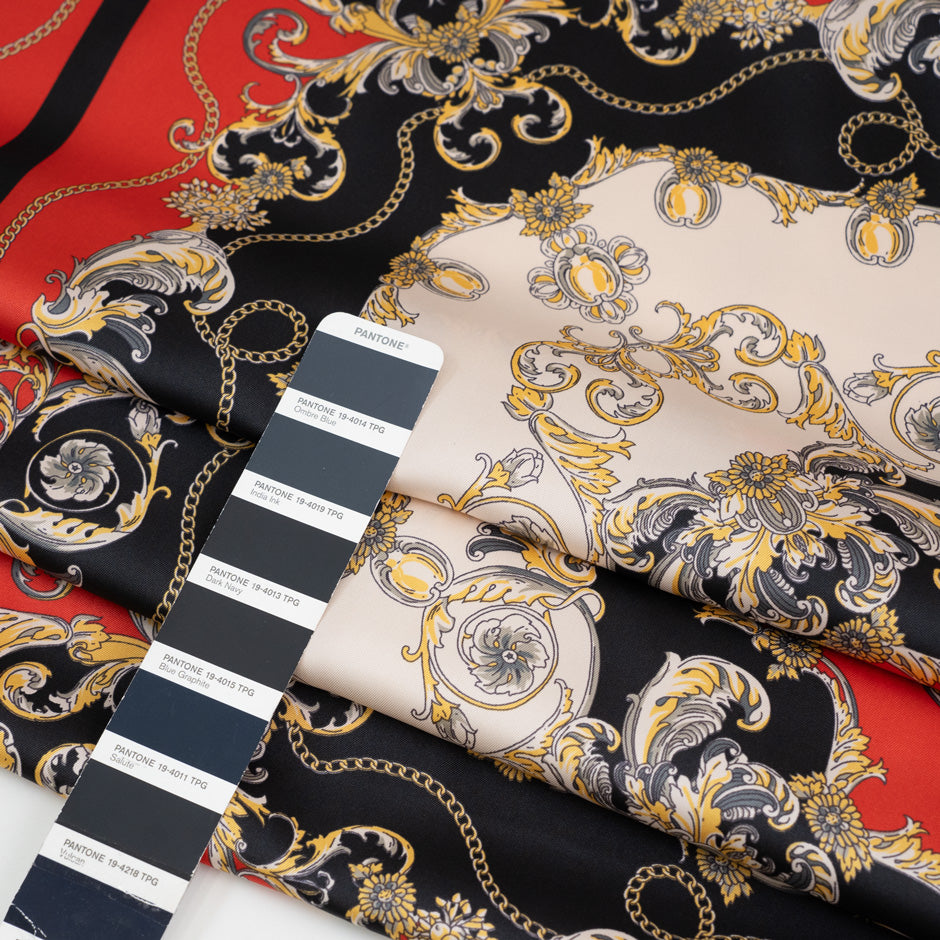 Soft satin foulare polyester multicolor fabric. High-quality deadstock fabric by the meter collected in Stock from a Maison de Couture in Italy.