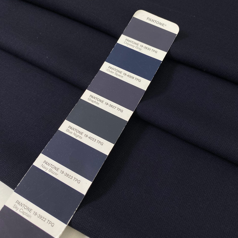 Soft and flowy virgin wool with elastane in dark blue. Not transparent and ideal for dresses, skirts, trousers, and jackets.
High-quality deadstock collected in Stock from a Maison de Couture in Italy.
