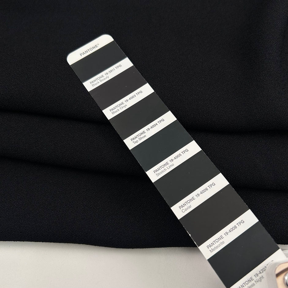 Black pure viscose crepe de chine, soft, fluid and non-stretch. High-quality deadstock collected in Stock from a Maison de Couture in Italy.