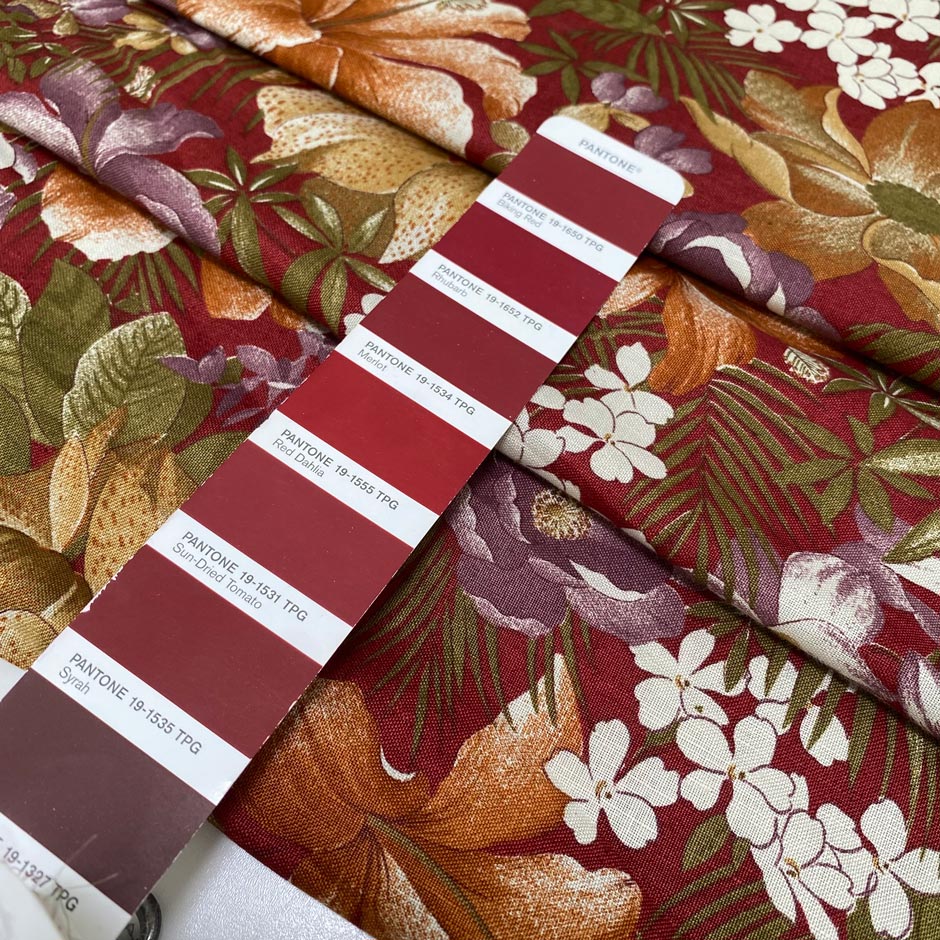 Soft and lightweight cotton and linen blend with a bordeaux base and multicolor floral design. Ideal for dresses, trousers, skirts, and shirting.High-quality deadstock collected in Stock from a Maison de Couture in Italy.