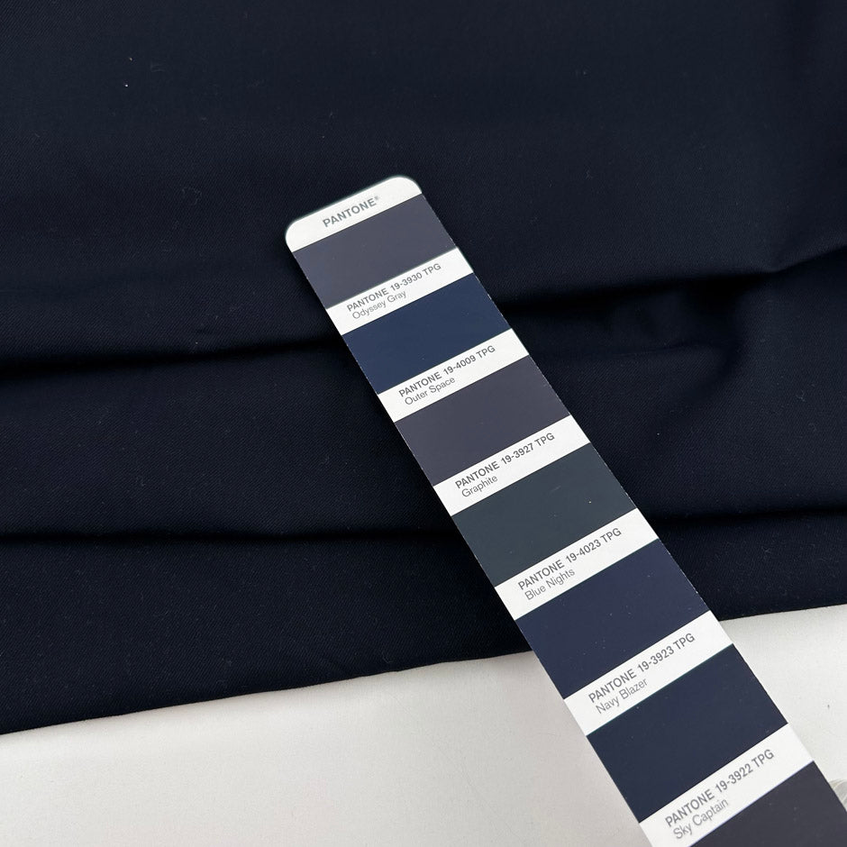 Dark blue cotton gabardine with a soft, non-stretch finish. High-quality deadstock collected in Stock from a Maison de Couture in Italy.