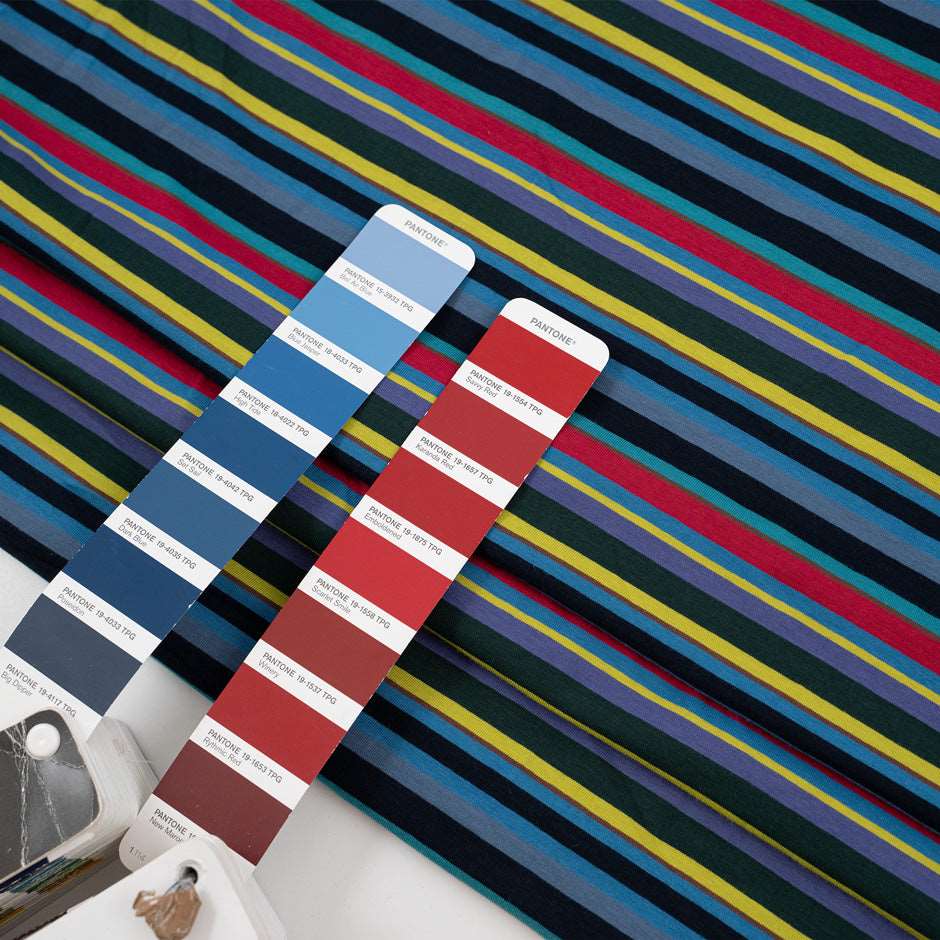 Multicolor striped cotton jersey, soft and stretchy. Deadstock fabric picked up from a Maison de Couture in Italy.