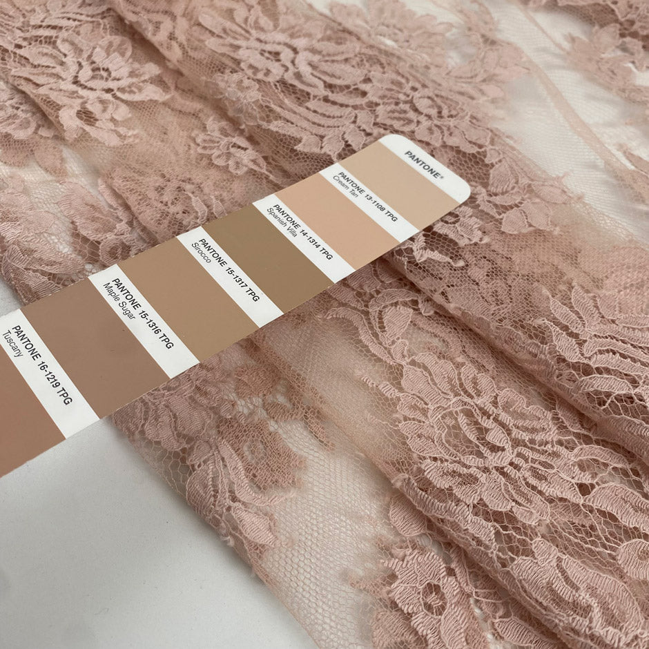 Cotton and polyester lace in skin color, reference Cream Tan. Very light and soft with a double scalloped edge. Ideal for dresses, skirts, and blouses. High-quality deadstock collected in Stock from a Maison de Couture in Italy.