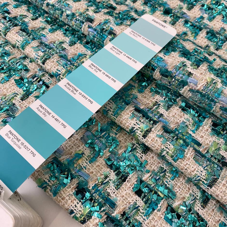 Soft cotton and lurex tweed with an ivory base and turquoise lurex accents in a pied de poule texture. Ideal for jackets, light coats, skirts, and dresses.High-quality deadstock collected in Stock from a Maison de Couture in Italy.