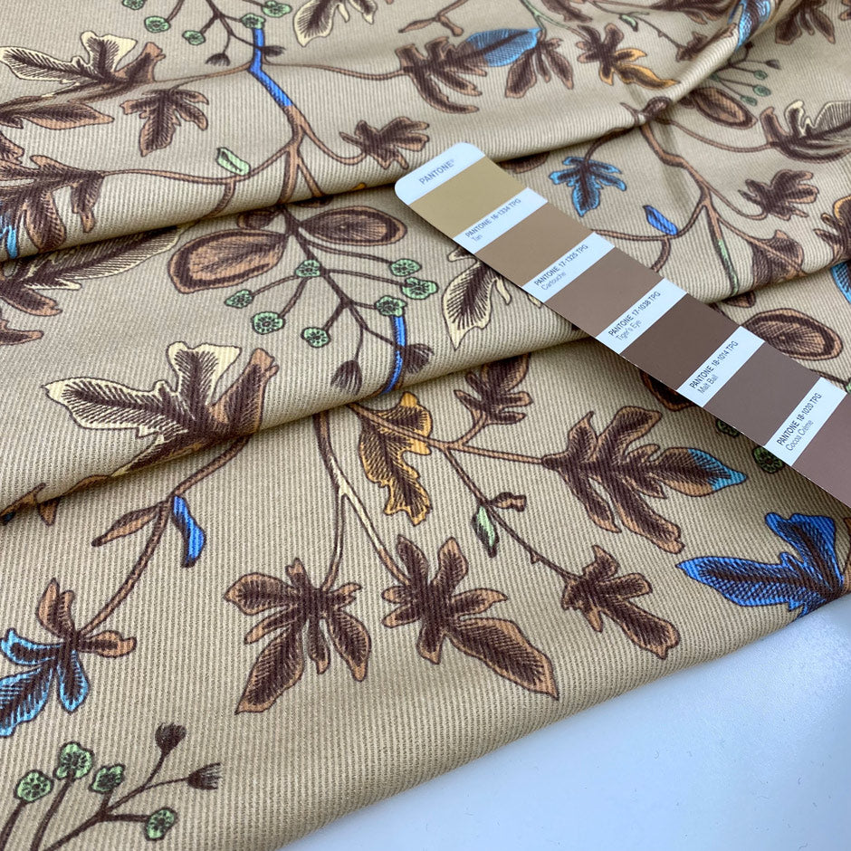 Printed camel color wool gabardine. High-quality deadstock fabric collected in Stock from a Maison de Couture in Italy.