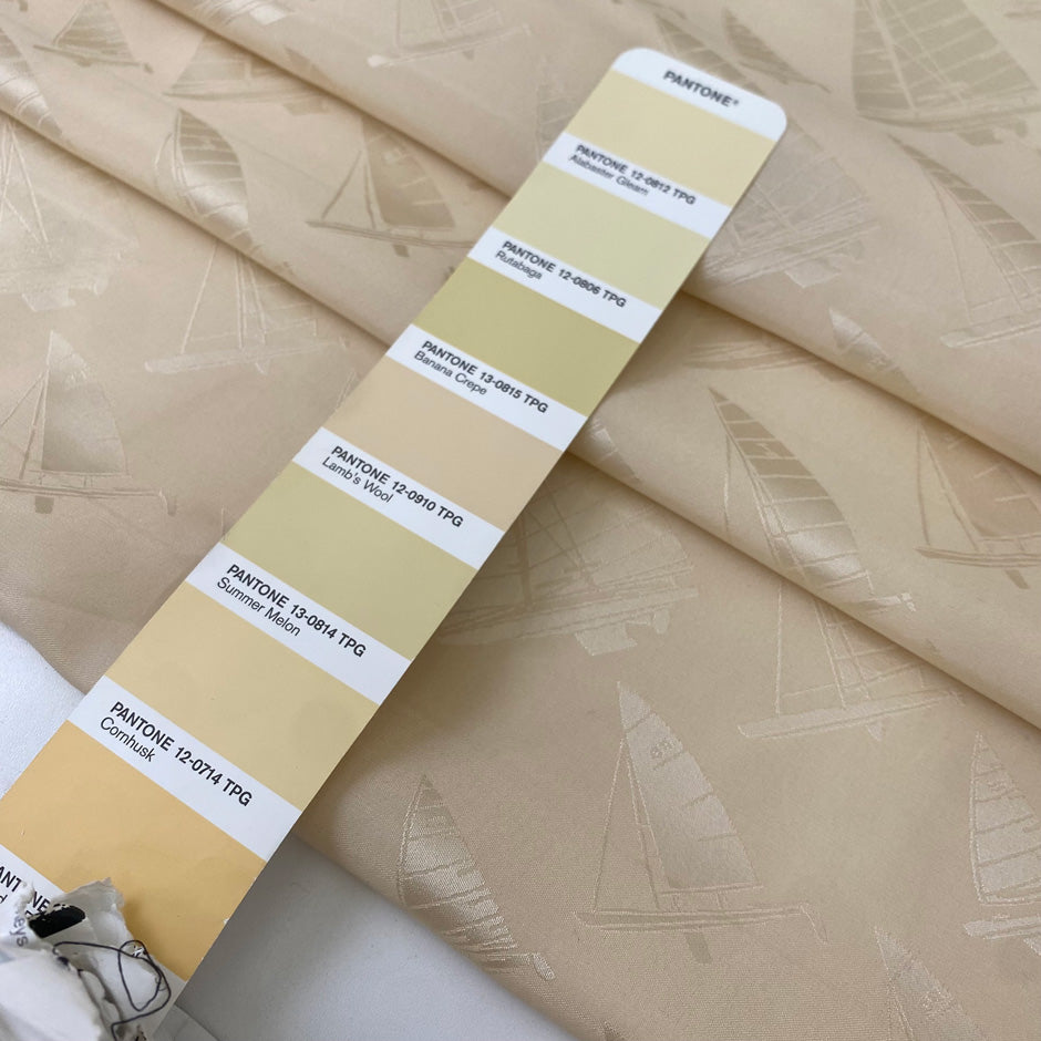 Silk jacquard in vanilla color, reference Alabaster Gleam. Very soft and light, flowy, ideal for dresses, skirts, blouses, and shirting. High-quality deadstock collected in Stock from a Maison de Couture in Italy.