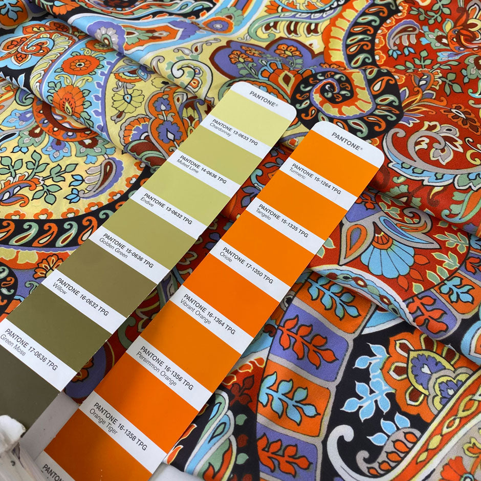 Polyester fabric with multicolor paisley design. Very soft, light and fluid. Ideal for dresses, blouses, skirts and shirting. High-quality deadstock collected in Stock from a Maison de Couture in Italy.