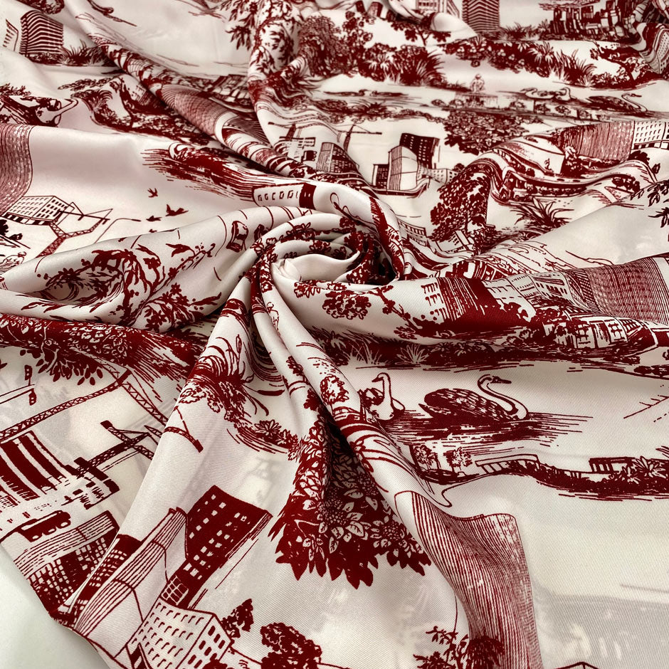 Polyester twill with beautifull landscape design in the shade off white and scarlet red. Very soft and delight, not transparent.High-quality deadstock collected in Stock from a Maison de Couture in Italy.