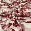 Polyester twill with beautifull landscape design in the shade off white and scarlet red. Very soft and delight, not transparent.High-quality deadstock collected in Stock from a Maison de Couture in Italy.
