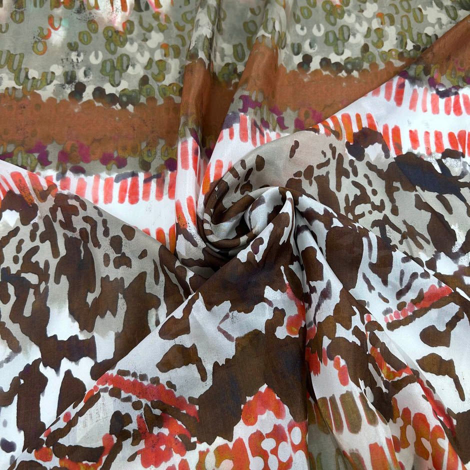Multicolour ethnic print silk habotai, soft and fluid. High-quality deadstock collected in Stock from a Maison de Couture in Italy.