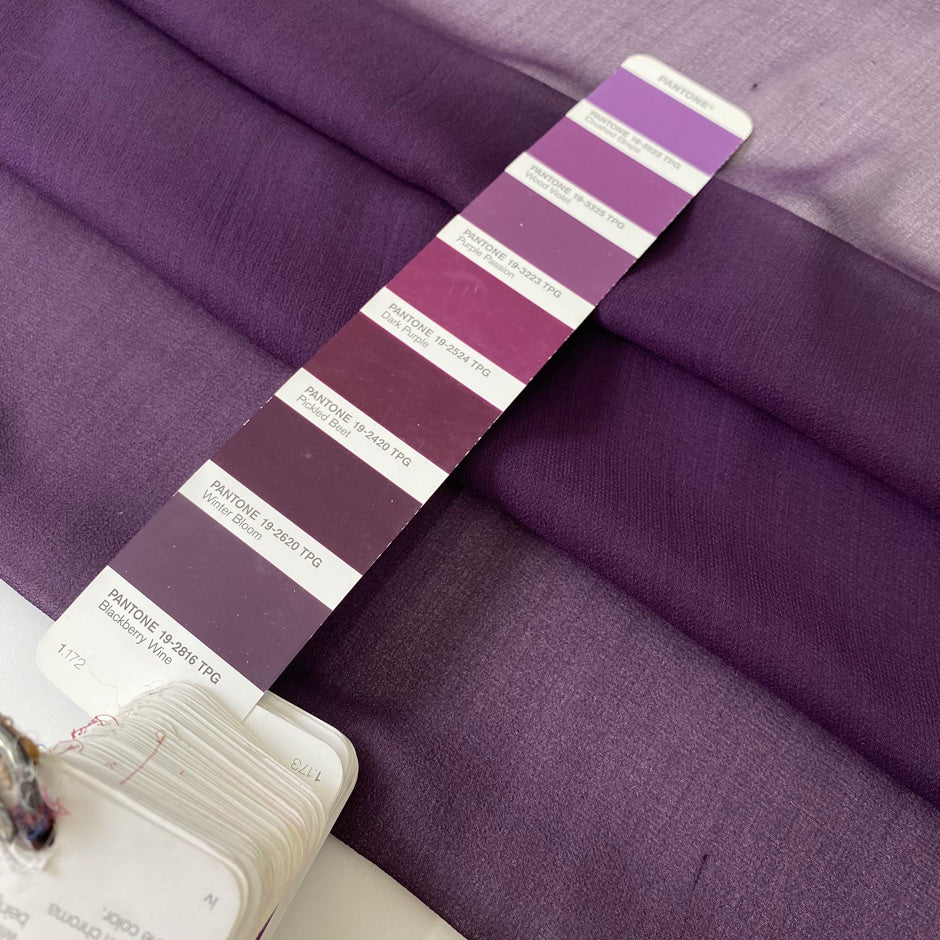 Pure silk chiffon in purple color reference Blackberry Wine. Very soft, light, flowy, and transparent. Ideal for light dresses, skirts, blouses, and shirting. High-quality deadstock collected in Stock from a Maison de Couture in Italy.