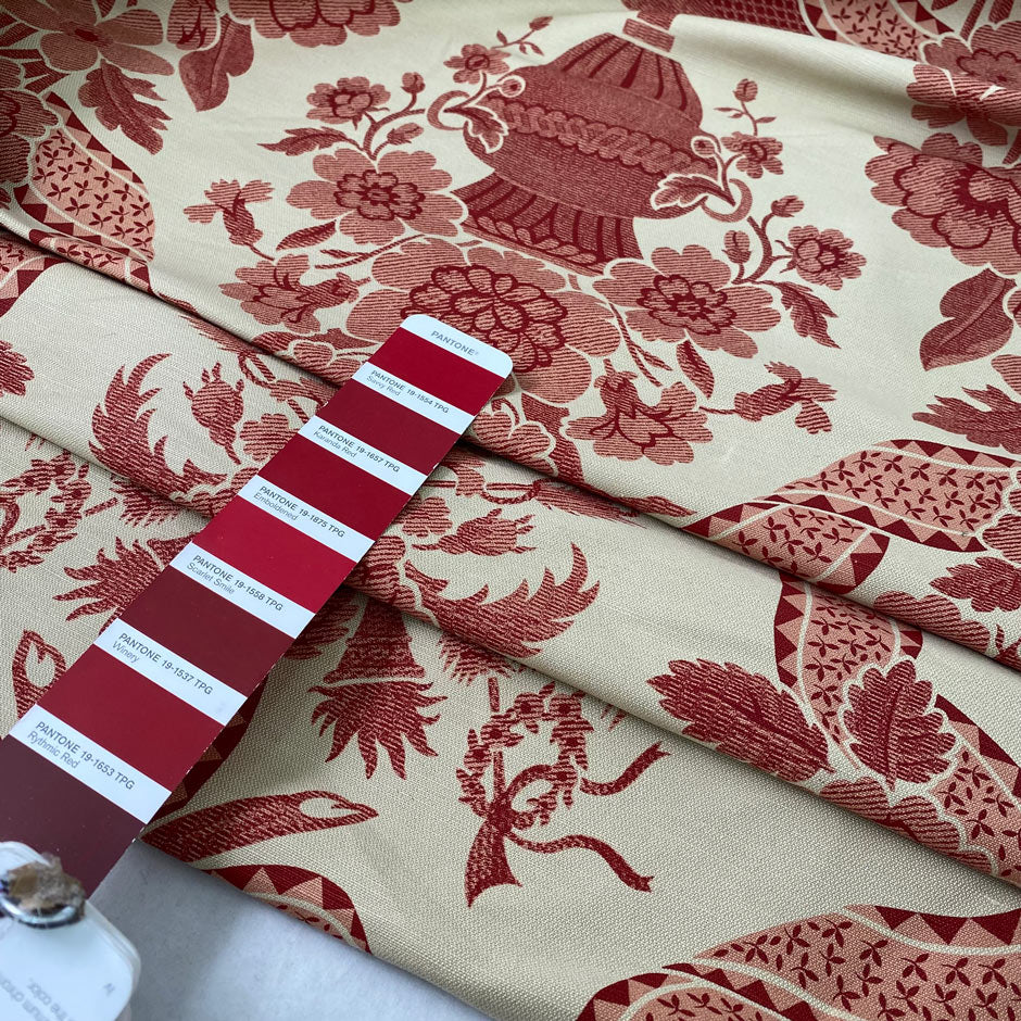 Mixed cotton and linen gabardine with floral design camel base and dark red winery pattern slightly stiff ideal for jackets skirts and trousers. High-quality deadstock collected in Stock from a Maison de Couture in Italy.