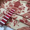 Mixed cotton and linen gabardine with floral design camel base and dark red winery pattern slightly stiff ideal for jackets skirts and trousers. High-quality deadstock collected in Stock from a Maison de Couture in Italy.