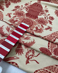Mixed cotton and linen gabardine with floral design camel base and dark red winery pattern slightly stiff ideal for jackets skirts and trousers. High-quality deadstock collected in Stock from a Maison de Couture in Italy.