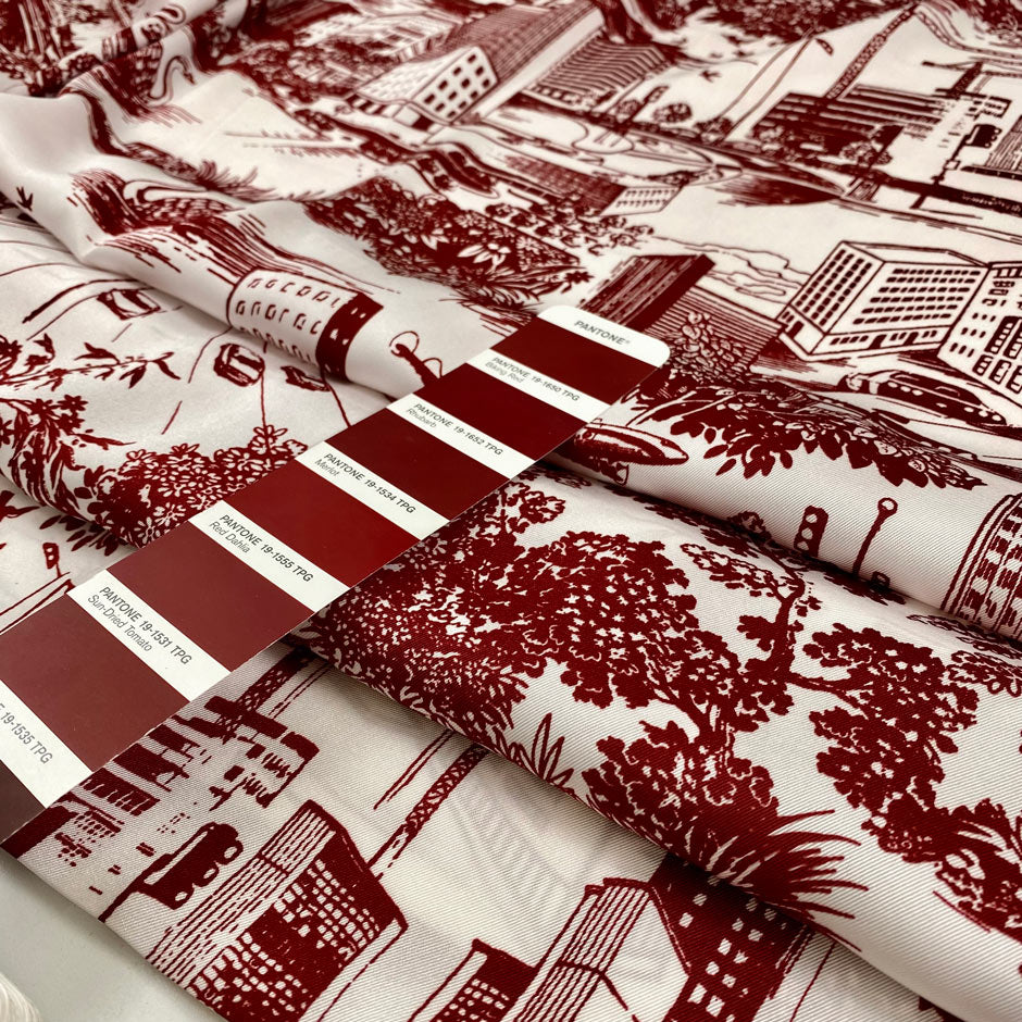 Polyester twill with beautifull landscape design in the shade off white and scarlet red. Very soft and delight, not transparent.High-quality deadstock collected in Stock from a Maison de Couture in Italy.