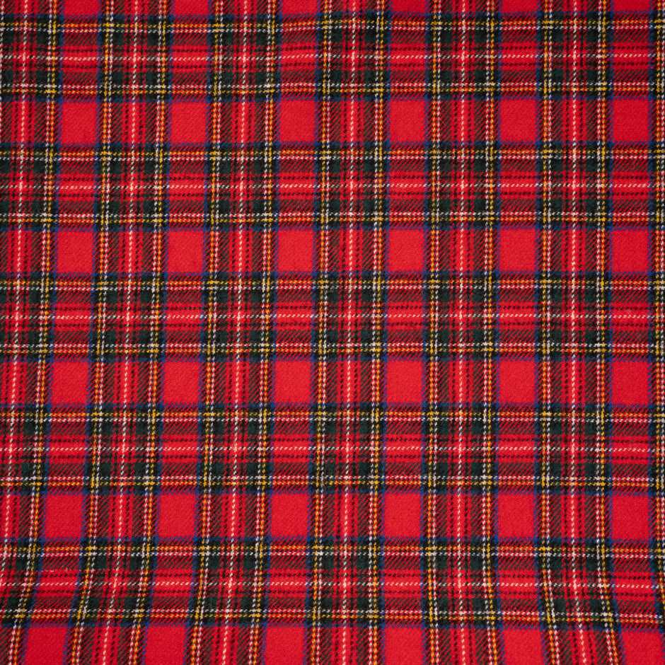 Red, green, yellow and blue mixed plaid wool fabric. High quality deadstock fabric.