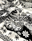 Pure silk satin printed with a panel design in black and white. Very soft and light. High-quality deadstock fabric collected in Stock from a Maison de Couture in Italy.