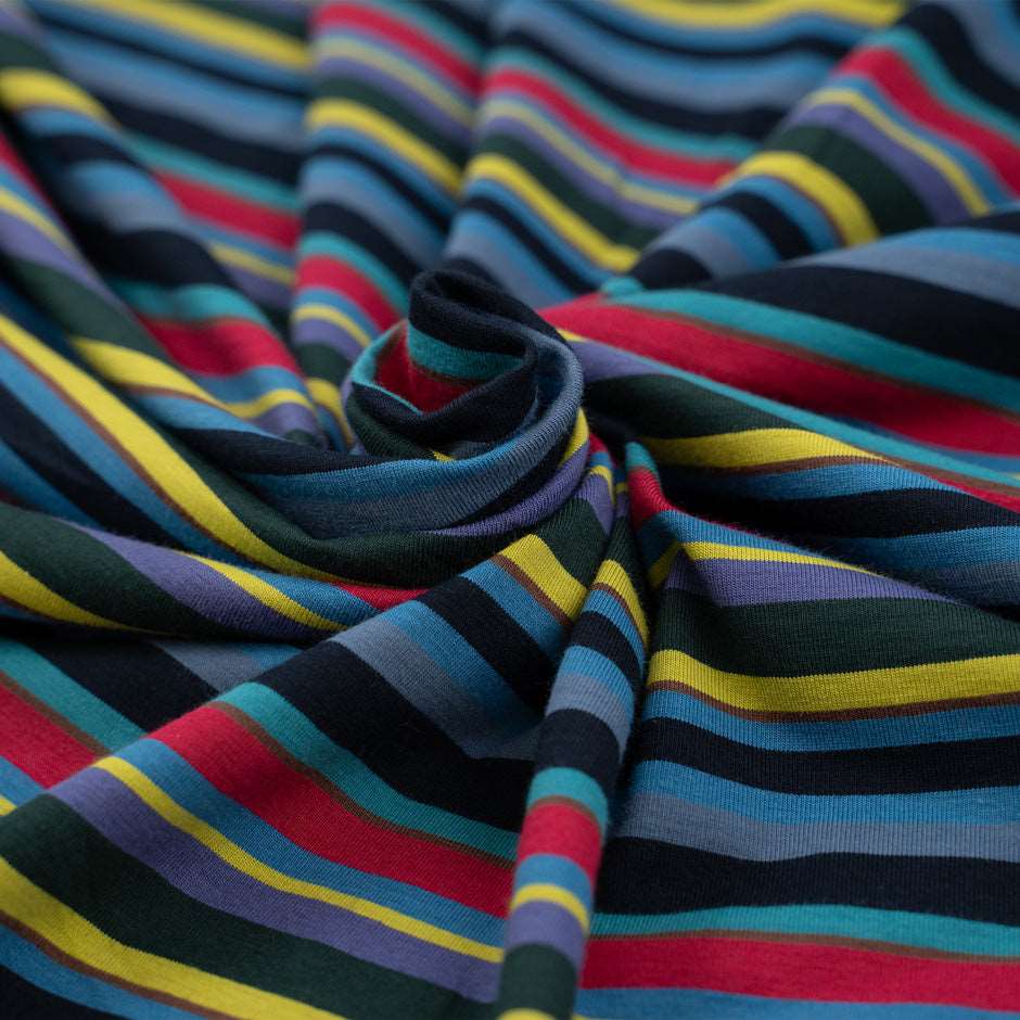 Multicolor striped cotton jersey, soft and stretchy. Deadstock fabric picked up from a Maison de Couture in Italy.