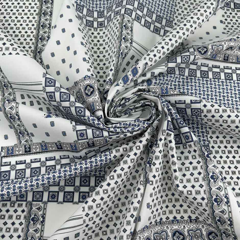 Blue and white stretch cotton poplin with a tie pattern, exceptionally soft. High-quality deadstock collected in Stock from a Maison de Couture in Italy.