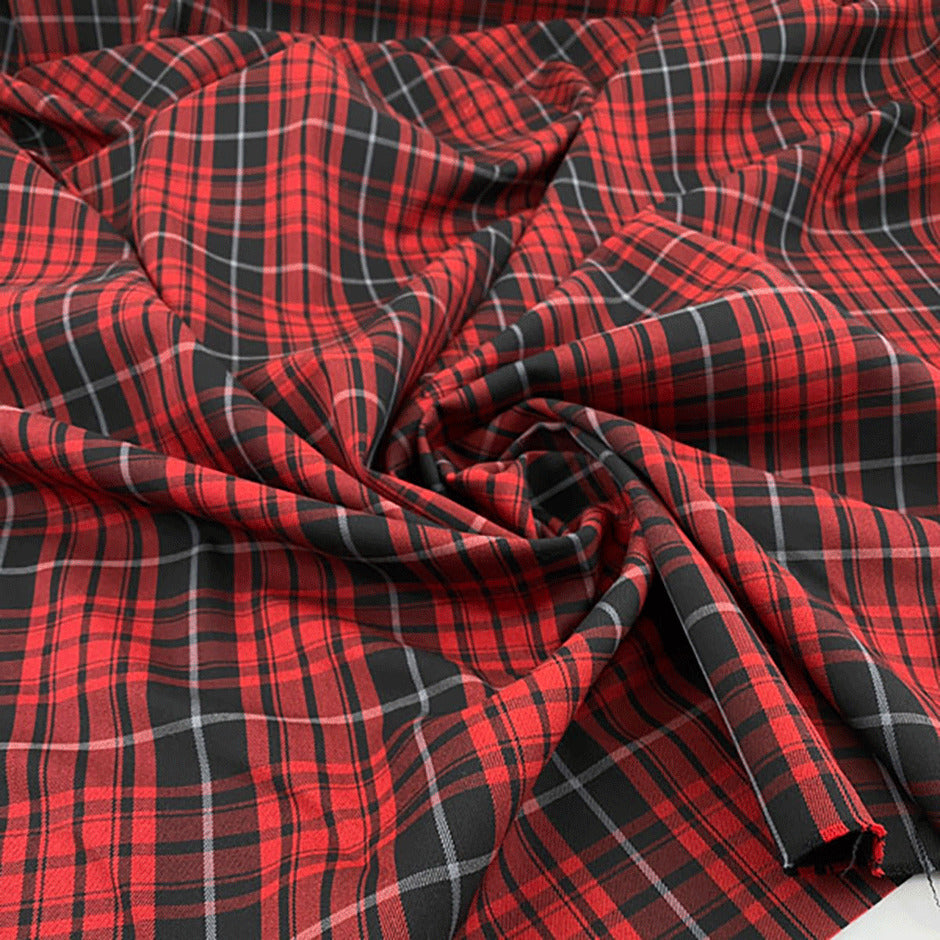 Wool and polyester plaid yarn dyed soft stretch