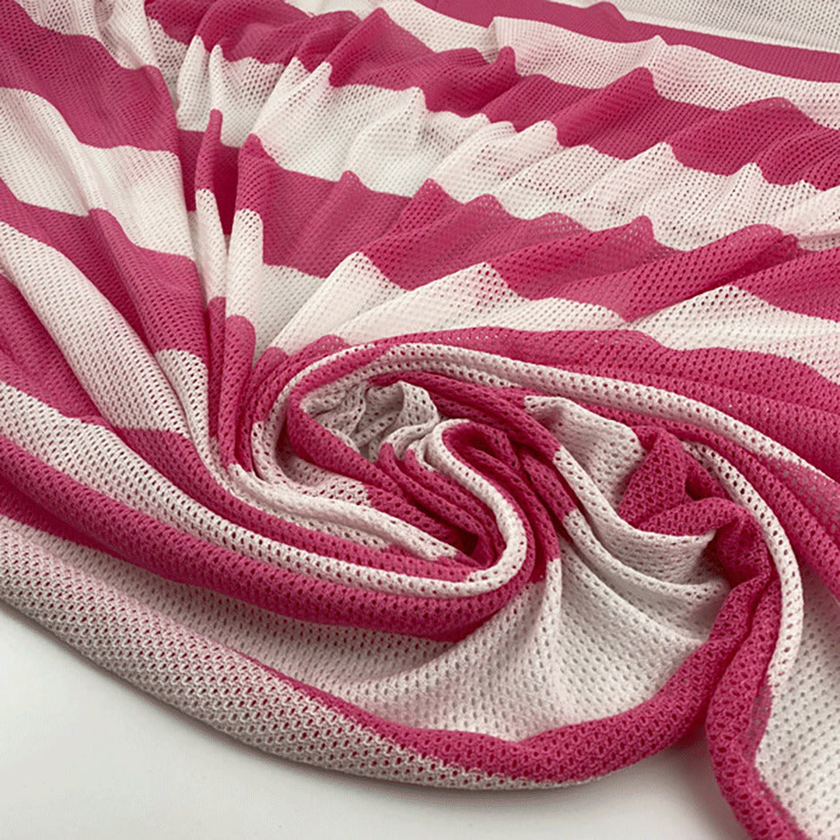 Viscose and polyester mesh jersey striped pn regular weave